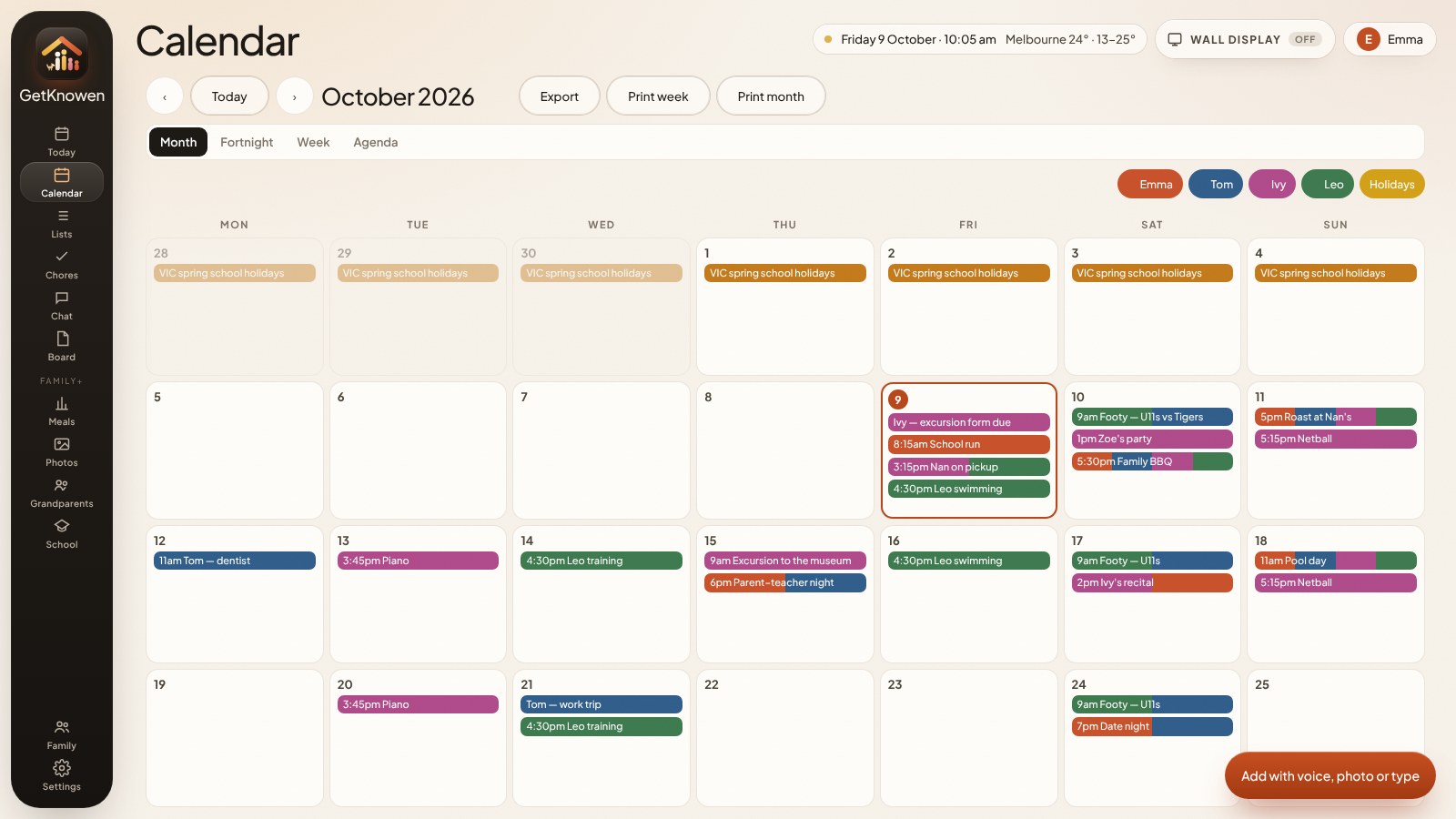 GetKnowen month calendar, each family member in their own colour