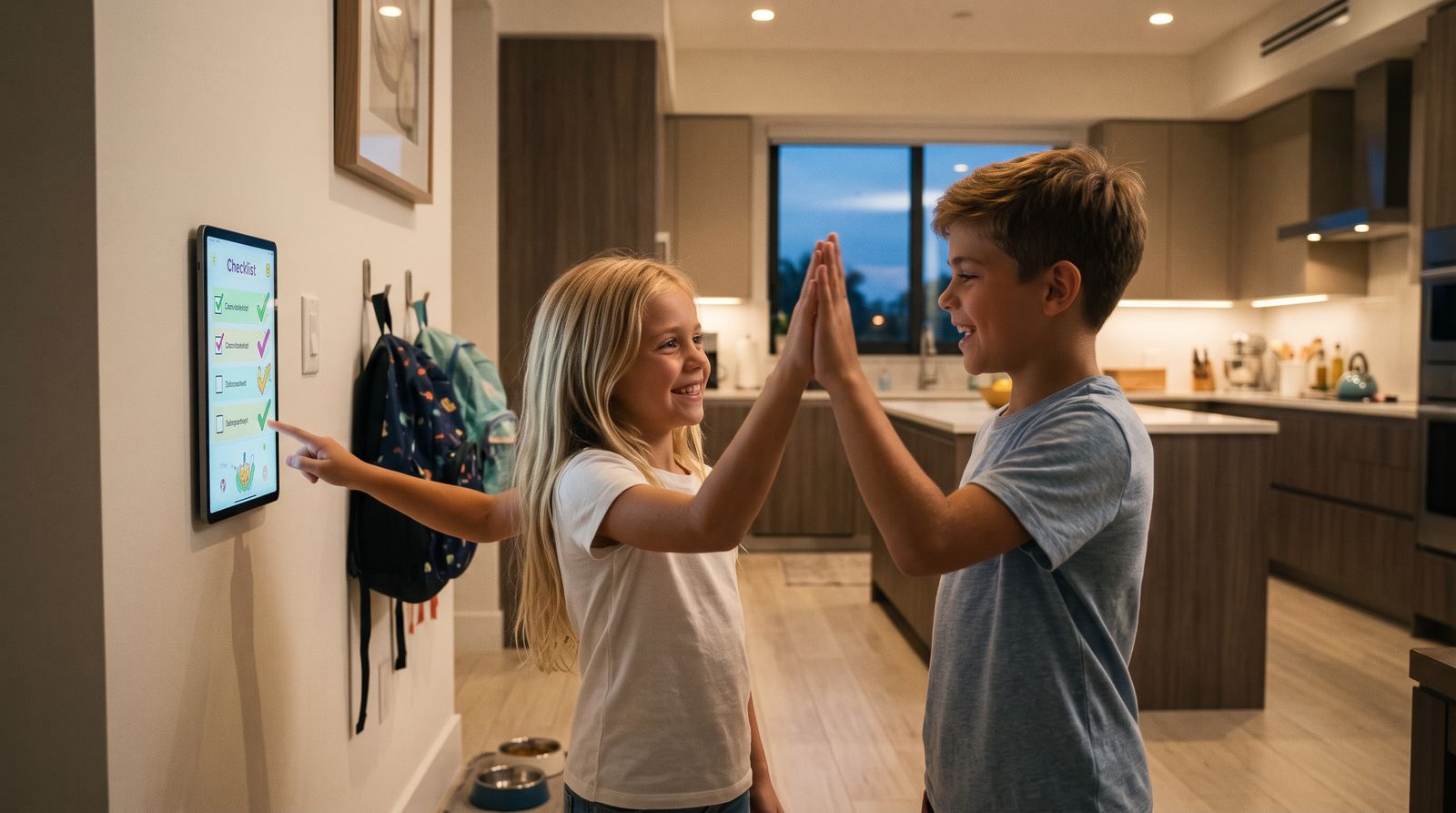 Two kids high-fiving next to the chore list on the wall tablet